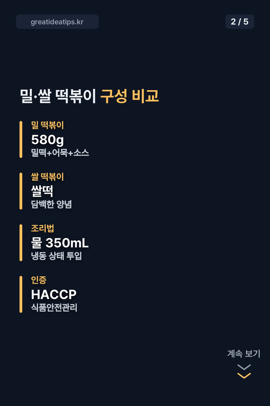 밀·쌀 떡볶이 구성 비교표